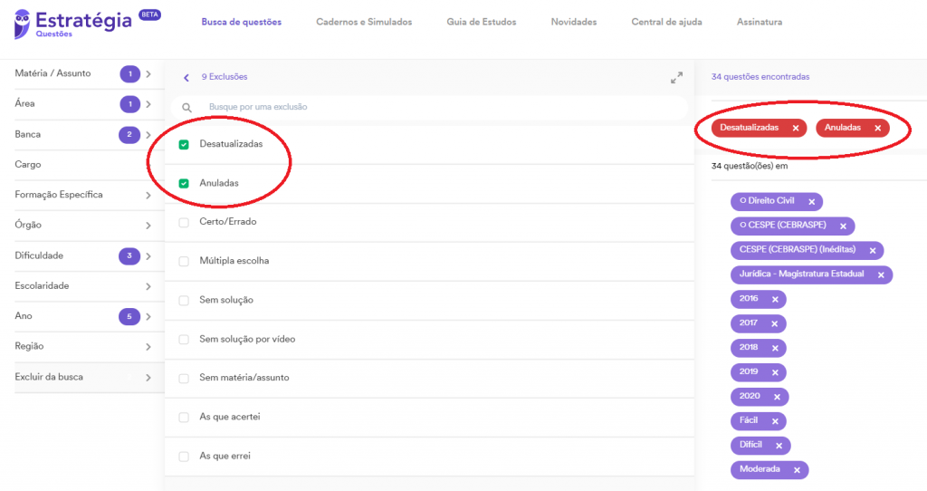 Selecionando filtros de exclusão