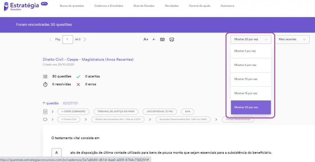 Modo de visualização de questões