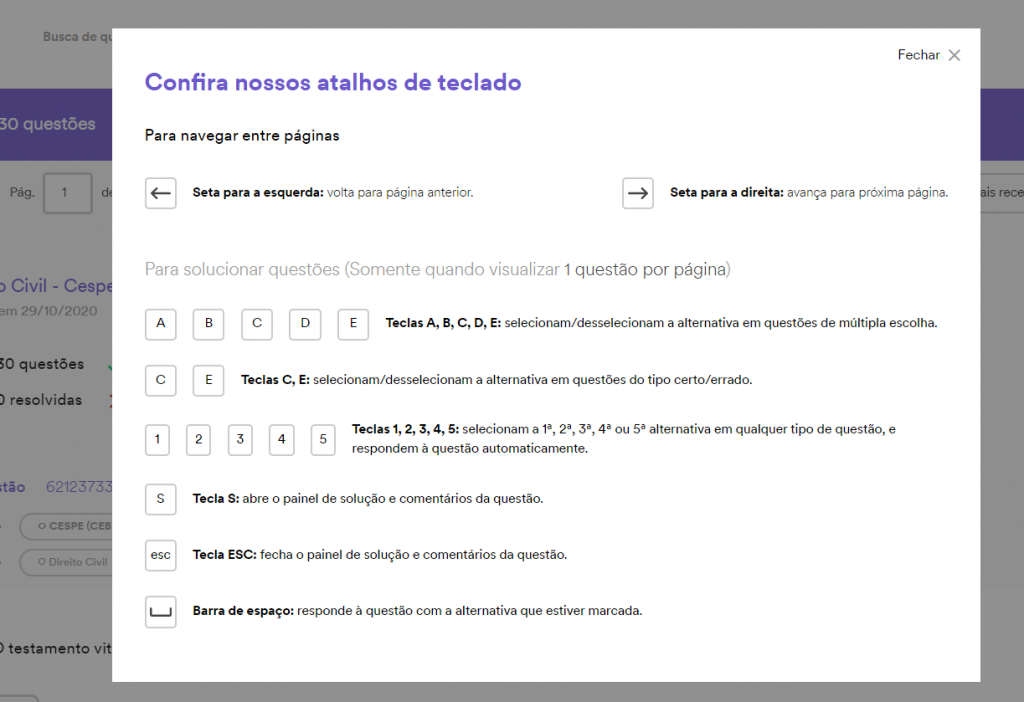 Atalhos do teclado no SQ