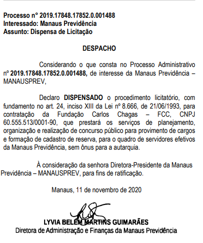 Despacho publicado no Diário Oficial - Banca organizadora do concurso Manausprev