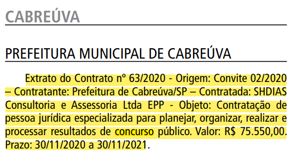 Extrato de Contrato do Concurso Cabreúva
