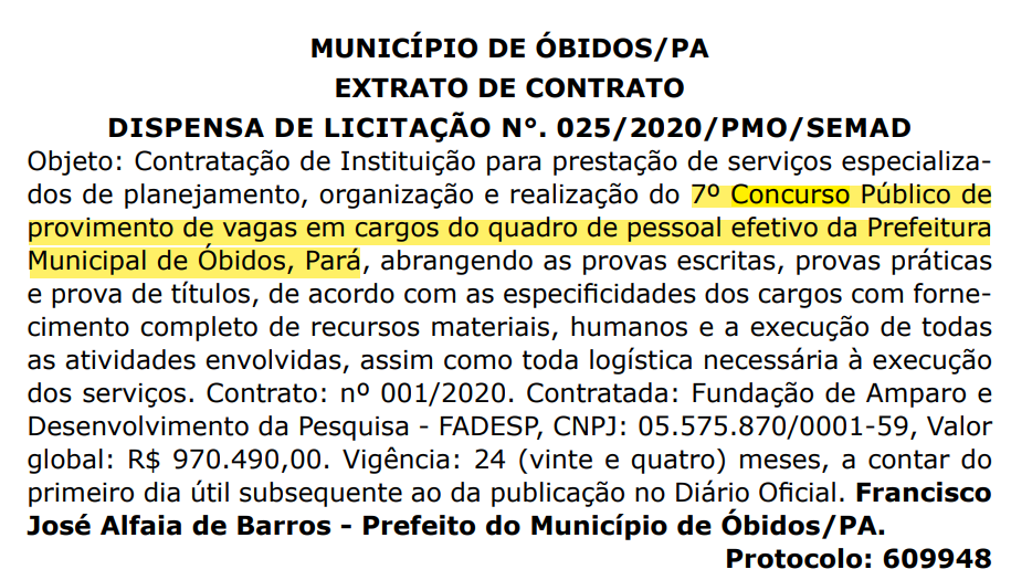 Extrato de contrato Prefeitura de Óbidos PA