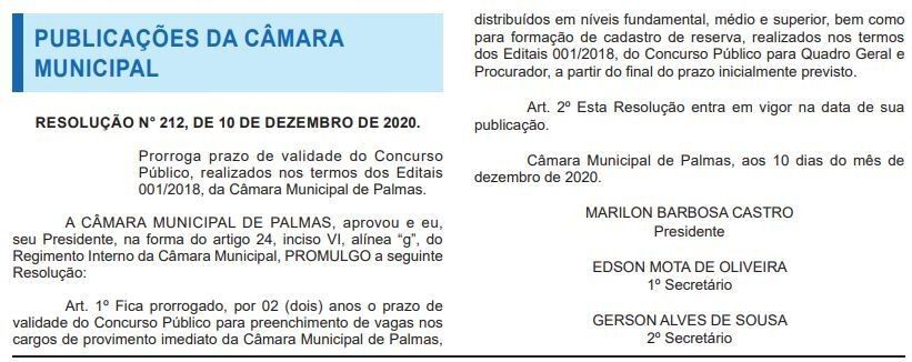 Resolução prorroga a validade do concurso Câmara de Palmas TO