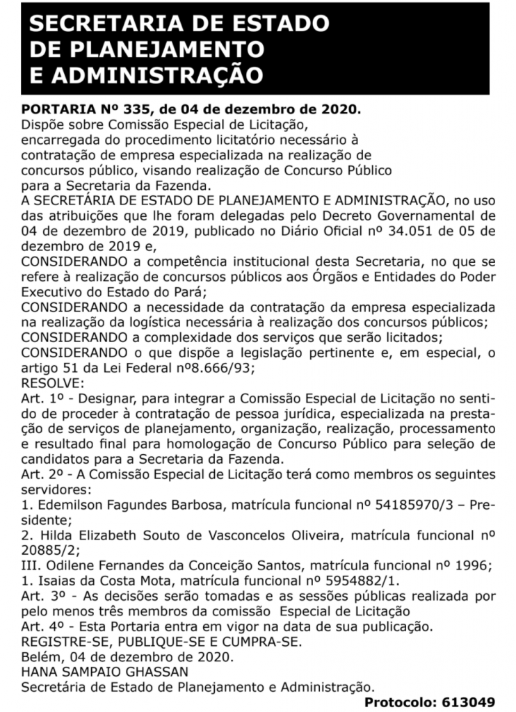 Comissão Especial de Licitação formada para escolha da banca do concurso Sefaz PA