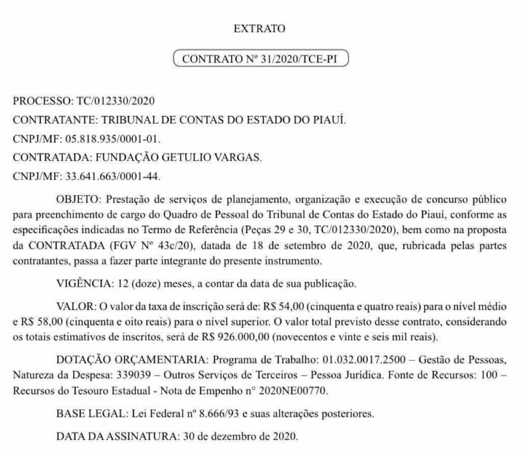 Extrato de Contrato - FGV é a organizadora do concurso TCE PI