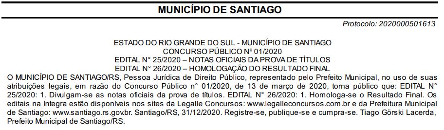 Concurso público da prefeitura de Santiago RS é homologado!