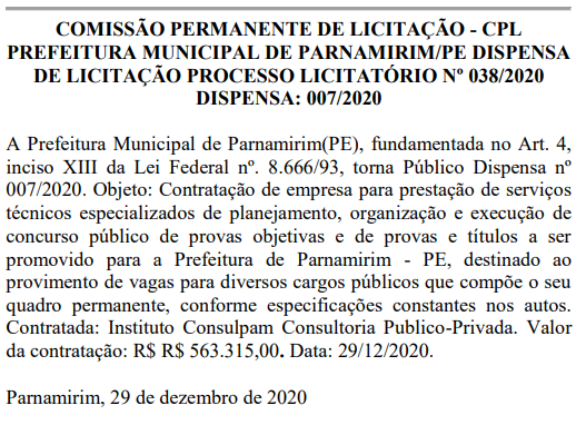 dISPENSA DE lICITAÇÃO QUE OFICIALIZA O iNSTITUTO coNSULPPAM COMO BANCA DO NOVO CONCURSO DA PREFEITURA DE pARNAMIRIM pe.