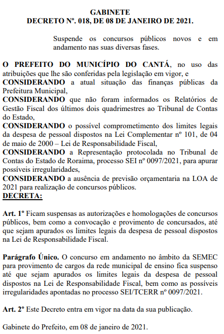 comunicado de suspensão dos concursos em andamento no município de Cantá