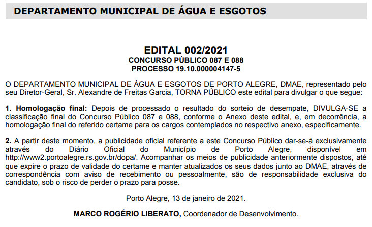 Concurso DMAE Porto Alegre tem homologação divulgada e segue válido até 2023