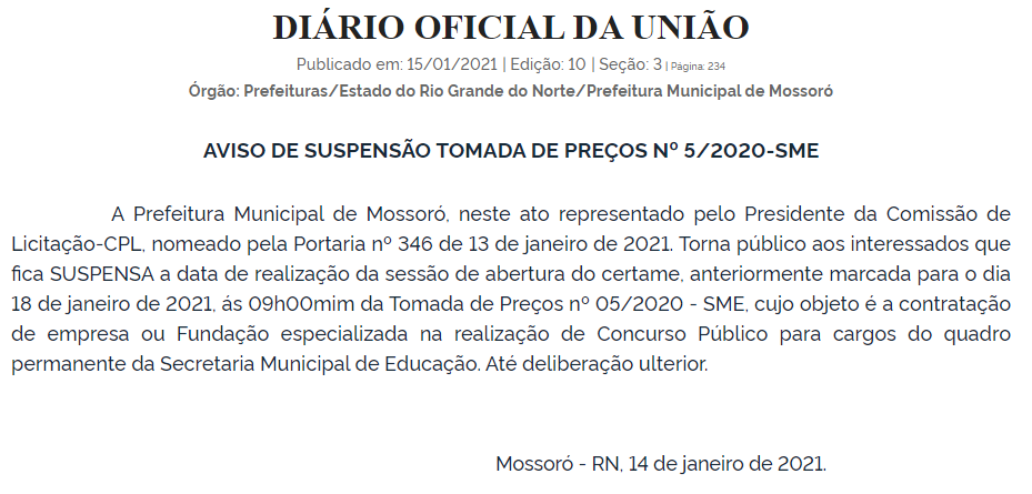 licitação para escolha da banca é suspensa