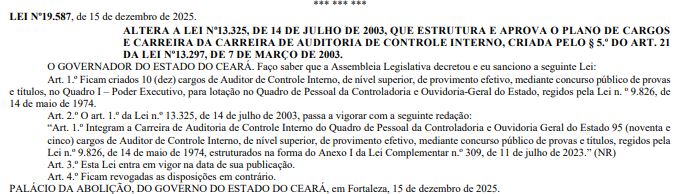 lei que altera e cria mais cargos para Auditor de Controle Interno