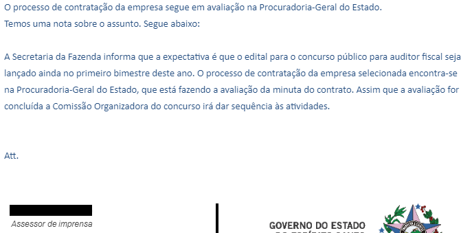 Nota enviada pela Assessoria de Imprensa da Sefaz ES dia 18/01/2021