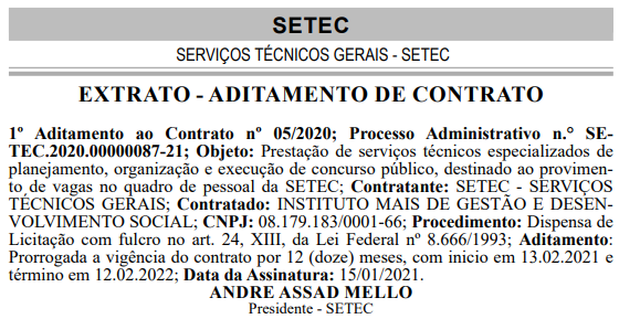 aditamento de contrato entre o SETEC Campinas e o Instituto Mais
