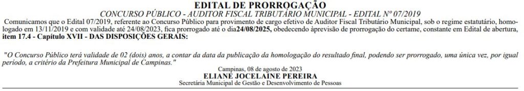 Prorrogação da validade do concurso ISS Campinas para o cargo de Auditor Fiscal 