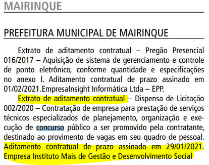 Prefeitura de Mairinque prorroga contrato com Instituto Mais