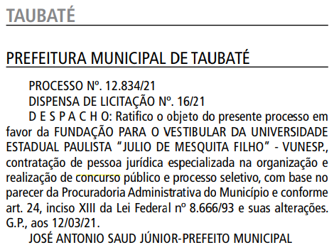 Empresa Vunesp definida como banca do concurso Prefeitura de Taubaté