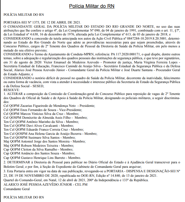 Comunicado sobre comissão de acompanhamento do concurso PM RN