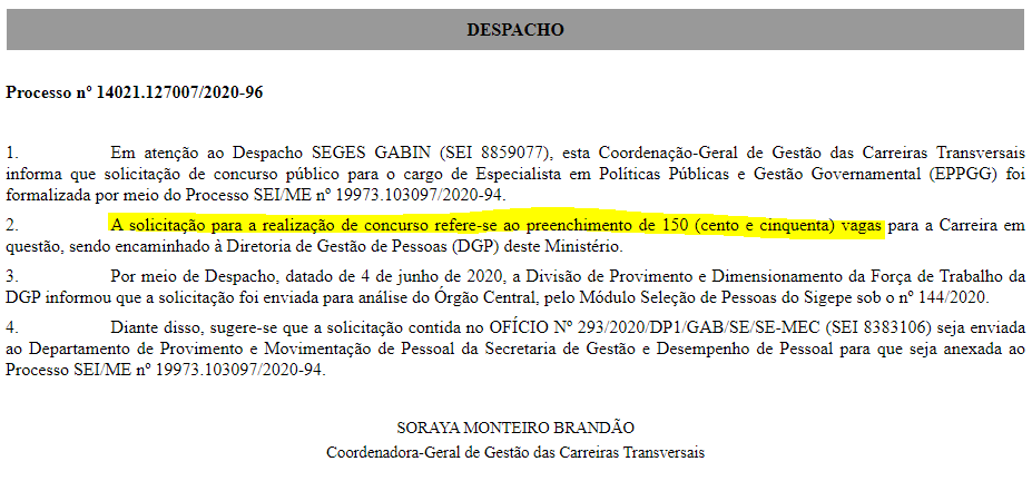 Pedido de concurso EPPGG para 150 vagas