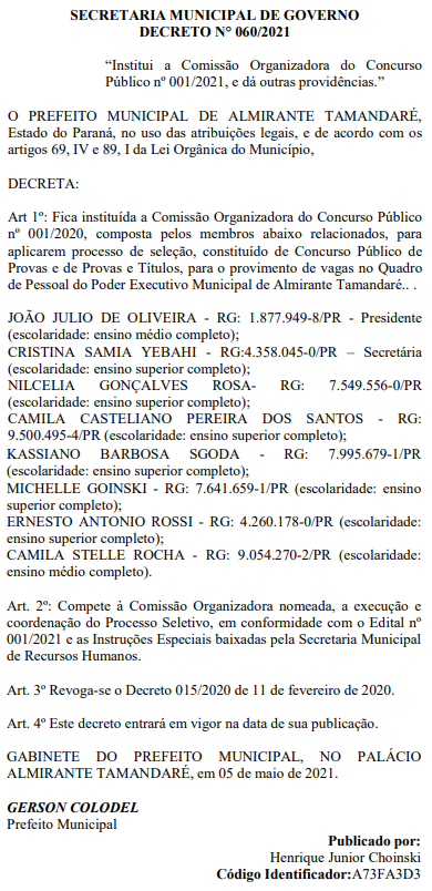 Concurso Câmara de Almirante Tamandaré PR: comissão FORMADA.