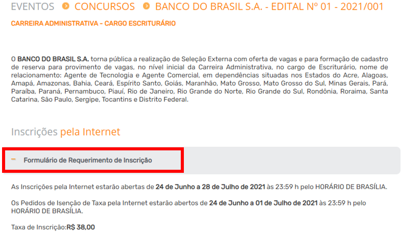 1º passo para a inscrição no Banco do Brasil