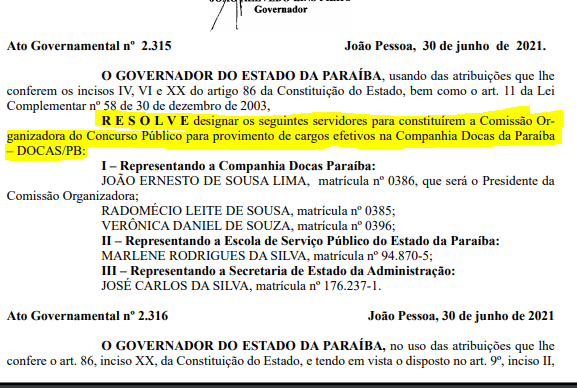 Comissão formada concurso Docas PB