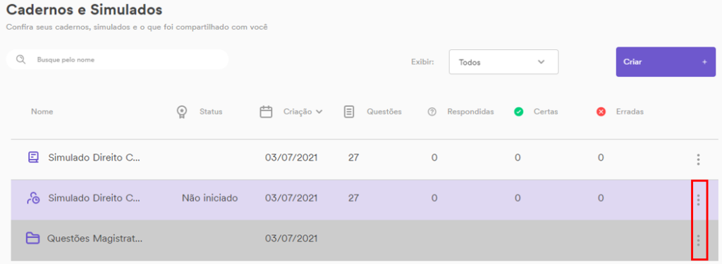 Opções referentes a cadernos e simulados