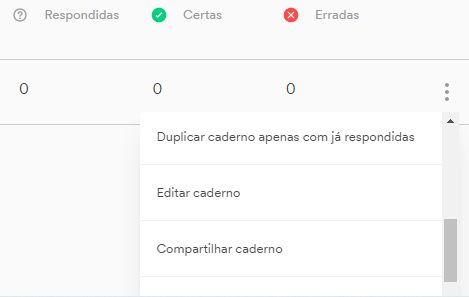 Opções de caderno