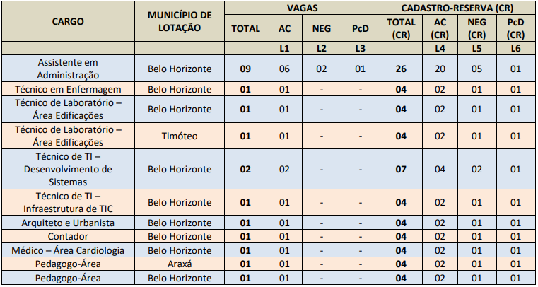 Cargos e vagas do concurso CEFET MG