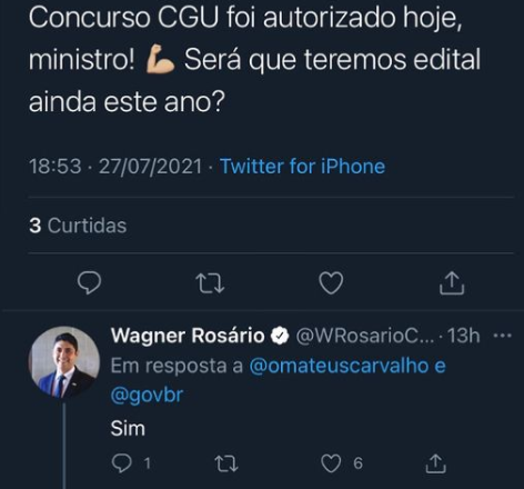 o ministro do órgão, Wagner Rosário, confirmou nas redes sociais que o edital do concurso CGU será publicado em 2021