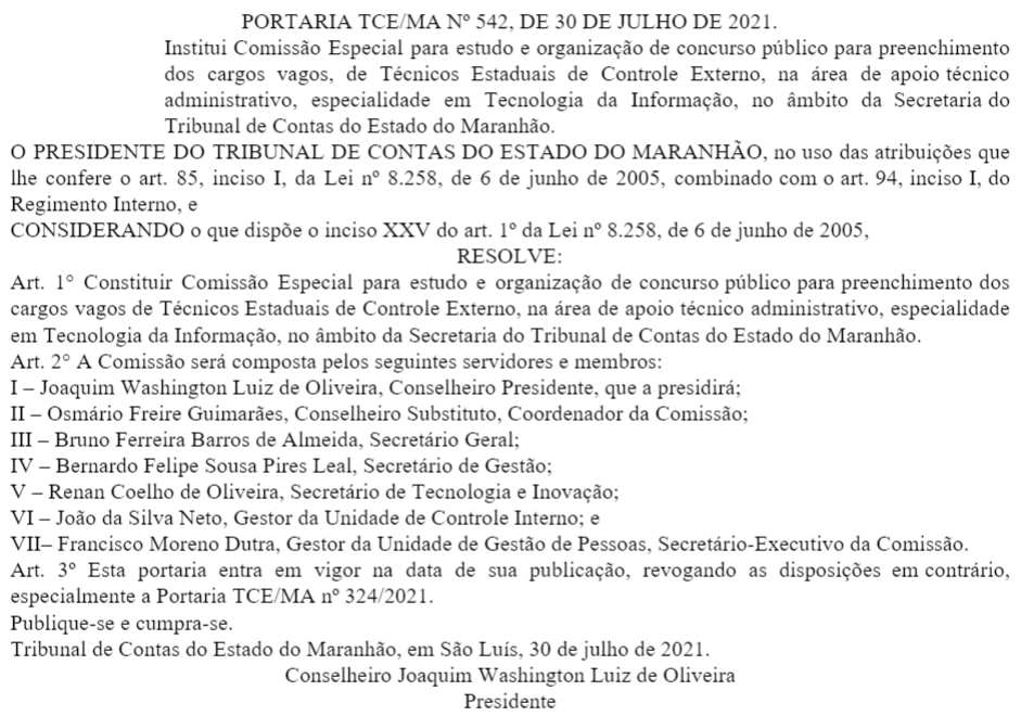 Comissão do concurso público do TCE MA