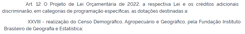 Trecho do PLOA 2022 que prevê realização de censo demográfico pelo IBGE.