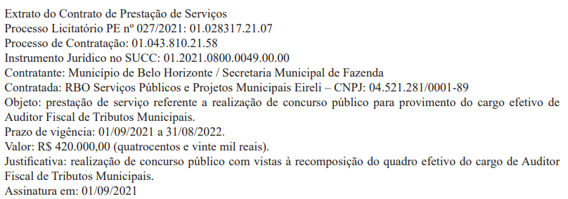 Extrato de contrato do concurso ISS BH