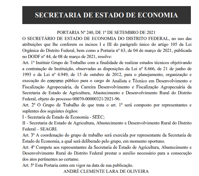 concurso SEAGRI DF: Grupo de Trabalho