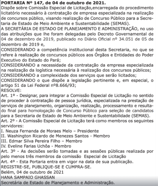 Concurso Semas PA: divulgada Comissão de Licitação