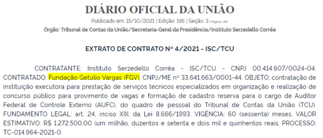 Extrato de Contrato - FGV - Concurso TCU