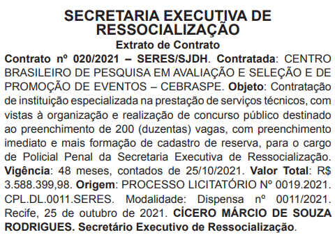 Extrato de contrato do Cebraspe