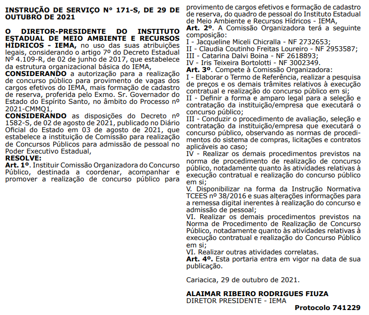 concurso IEMA ES comissão formada
