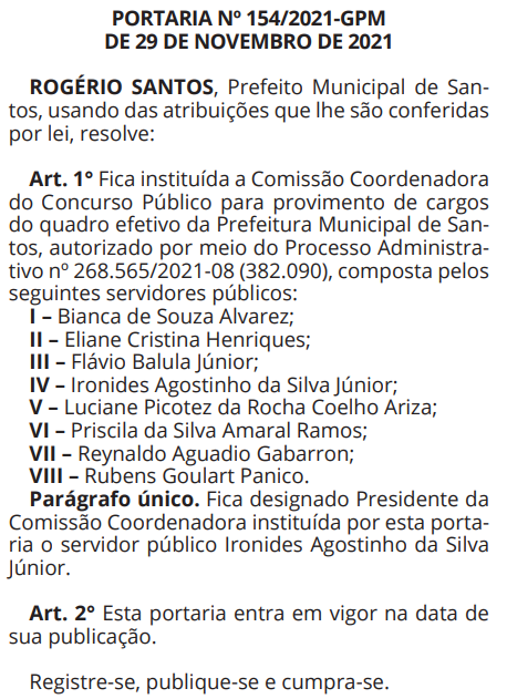 Concurso Prefeitura de Santos comissão