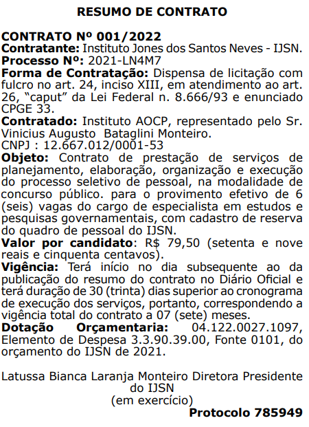 Concurso IJSN: extrato de contrato divulgado!