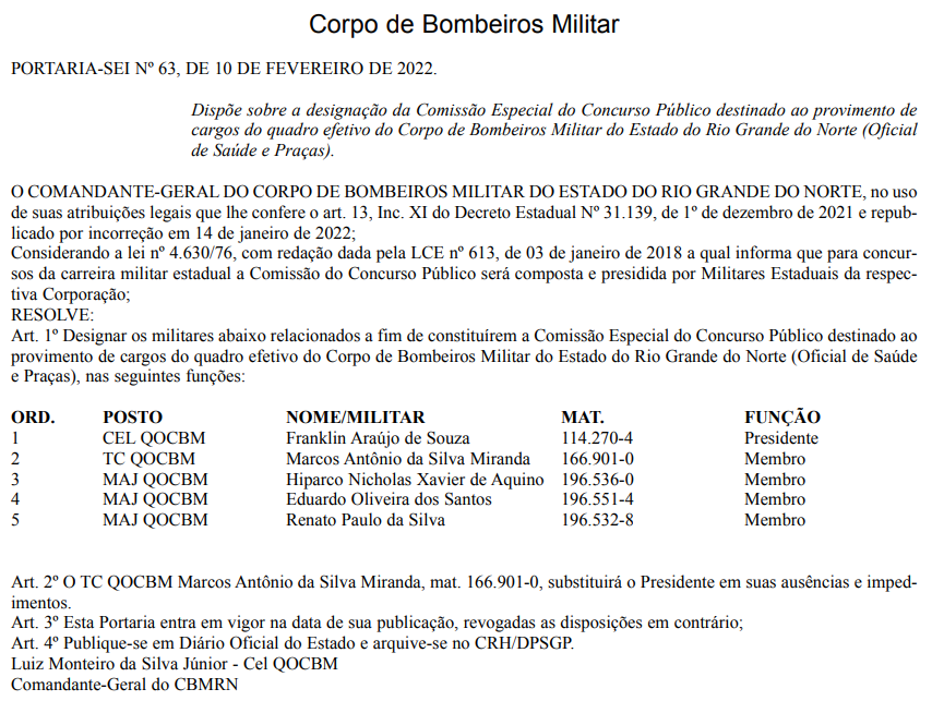 Concurso Bombeiros RN altera comissão organizadora!