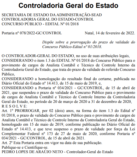 Concurso CGE RN tem validade prorrogada por mais 2 anos!