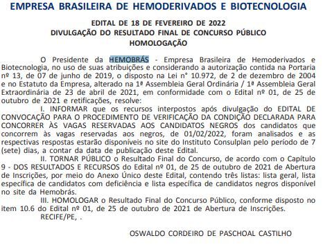 Resultado final do concurso Hemobrás é homologado!