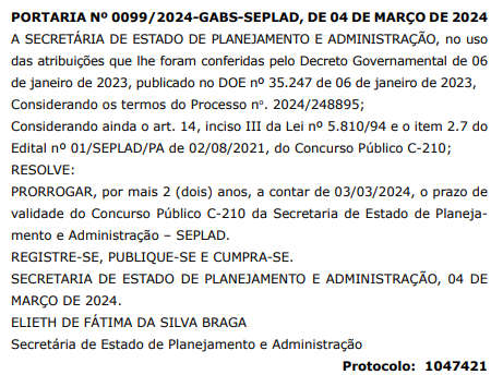 portaria de prorrogação da validade do concurso SEPLAD PA