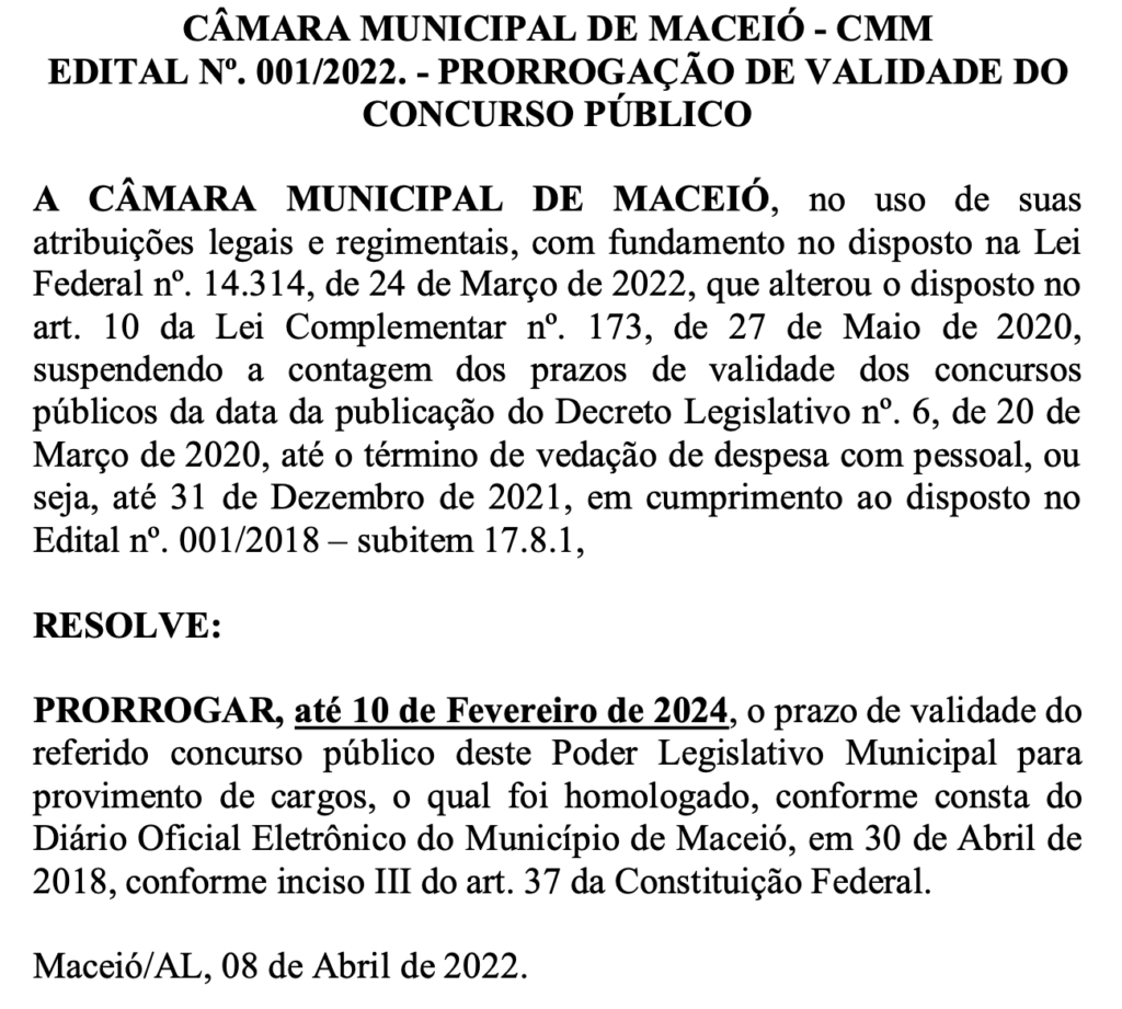 Documento de prorrogação da validade do Concurso da Câmara de Maceió realizado em 2018.