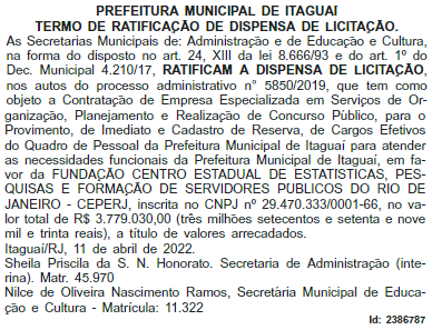 Ratificação da dispensa de licitação da banca do concurso Itaguaí