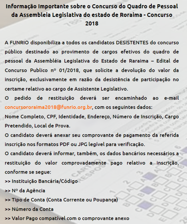 Concurso ALE RR: FunRio disponibiliza devolução da taxa!