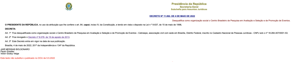 Concurso Público: decreto desqualifica Cebraspe como organização social