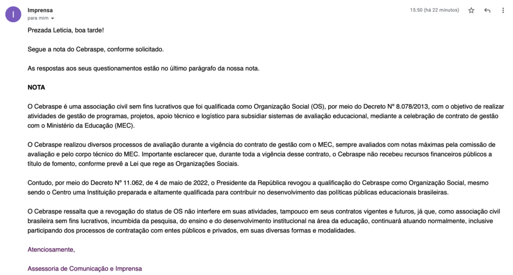 Nota oficial do Cebraspe sobre decreto que revoga status de OS
