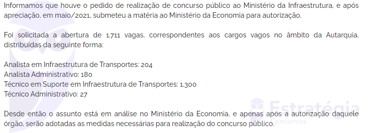 Resposta enviada pelo DNIT acerca da solicitação de concurso