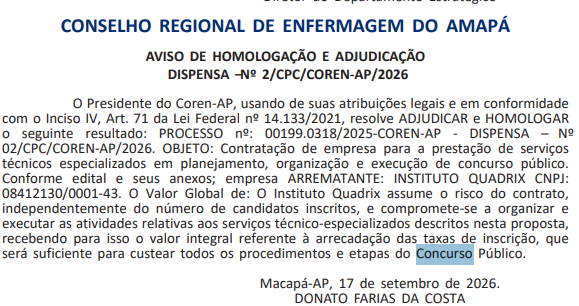 Concurso Coren AP 2026: banca definida para novo edital!